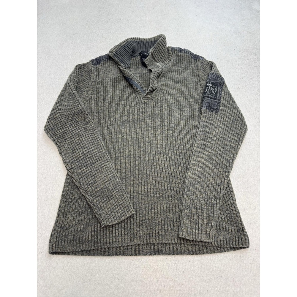 Calvin Klein Jeans Sweater Mens Large Gray Cotton Mock Neck 1/4 Zip Ribbed Knit